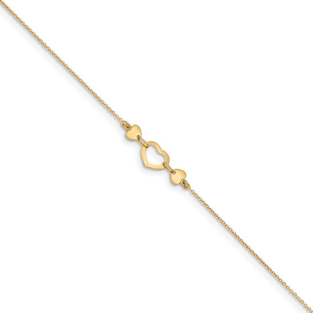 14k Yellow Gold Polished Heart And Cable Chain Anklet, 10-10.75 Inch